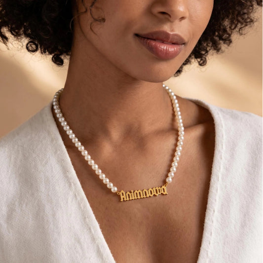 Gothic Pearl Chain Name Necklace — Stainless Steel