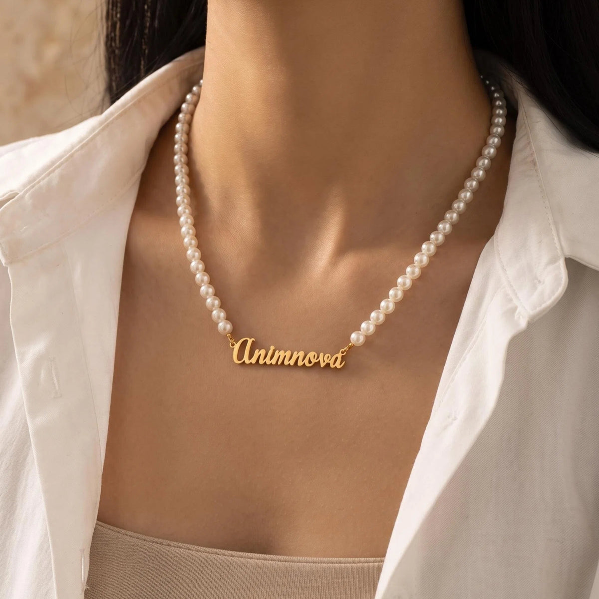 Elegant Script Pearl Chain Name Necklace — Stainless Steel