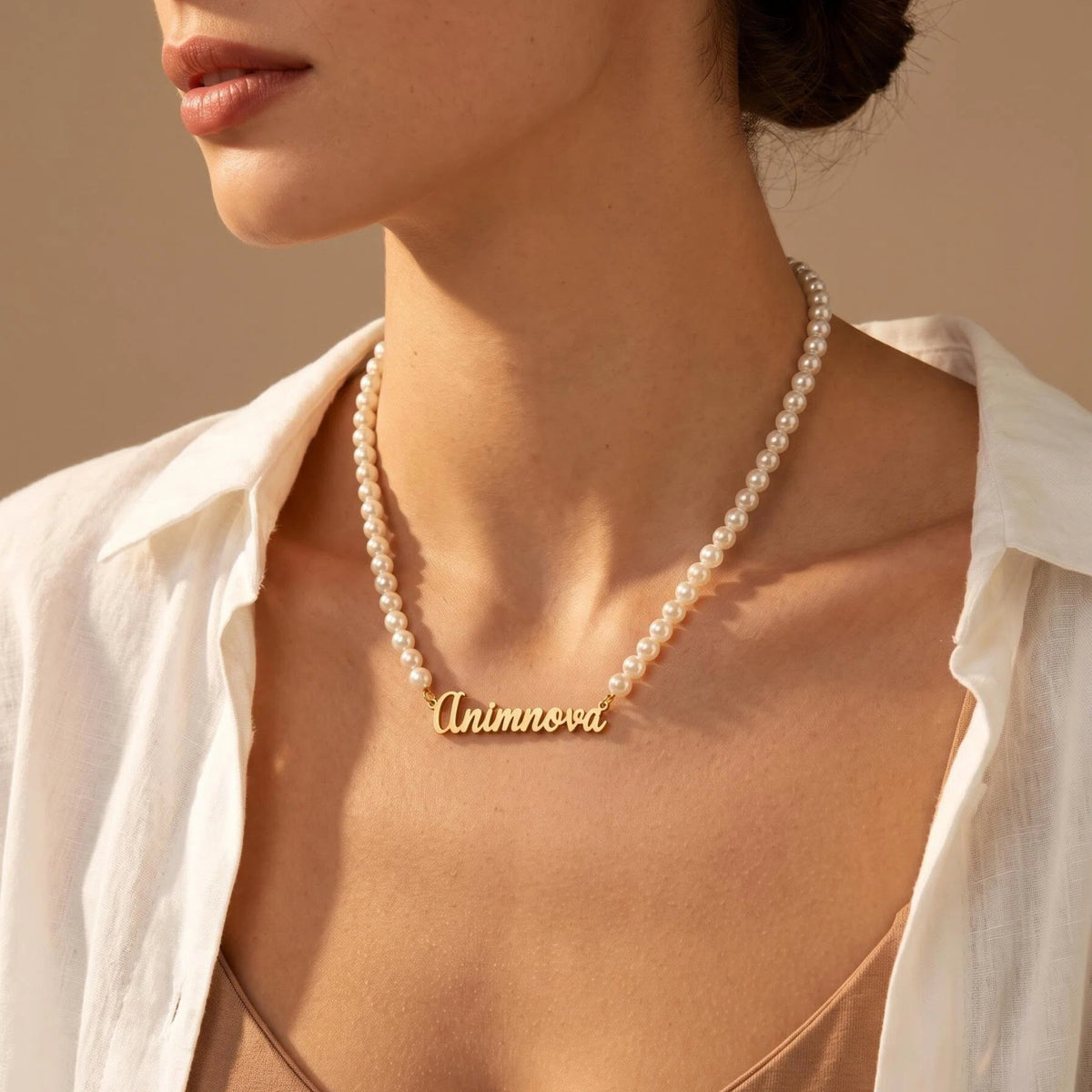 Elegant Script Pearl Chain Name Necklace — Stainless Steel