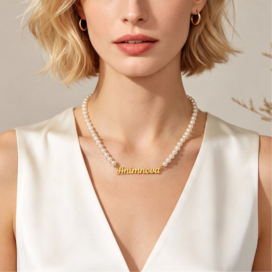 Handwritten Pearl Chain Name Necklace — Stainless Steel