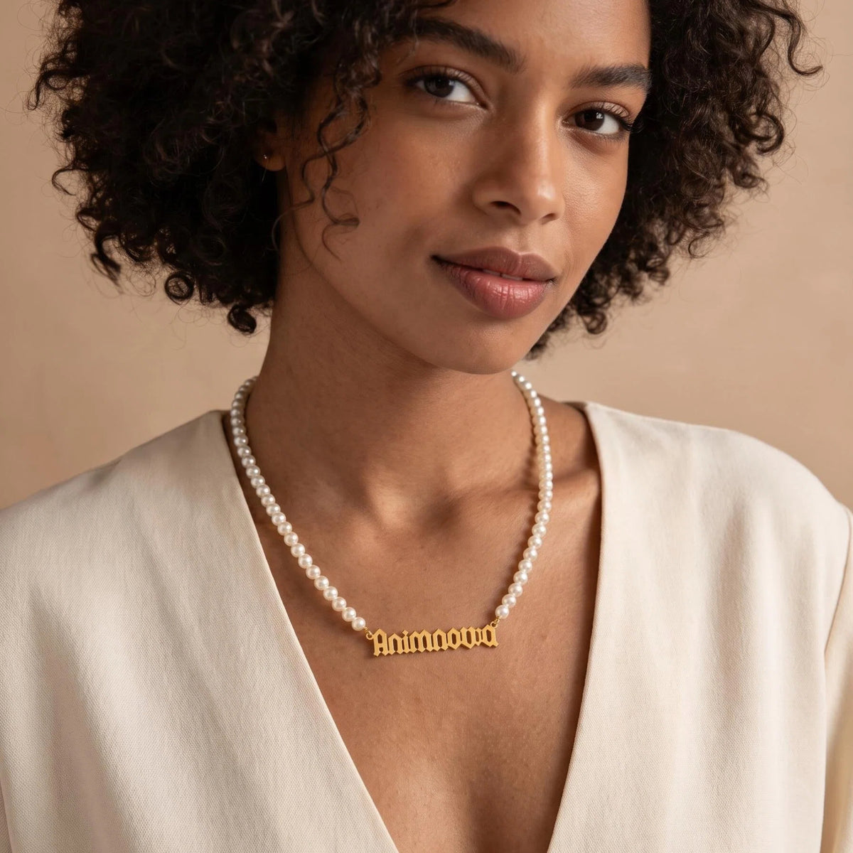 Gothic Pearl Chain Name Necklace — Stainless Steel