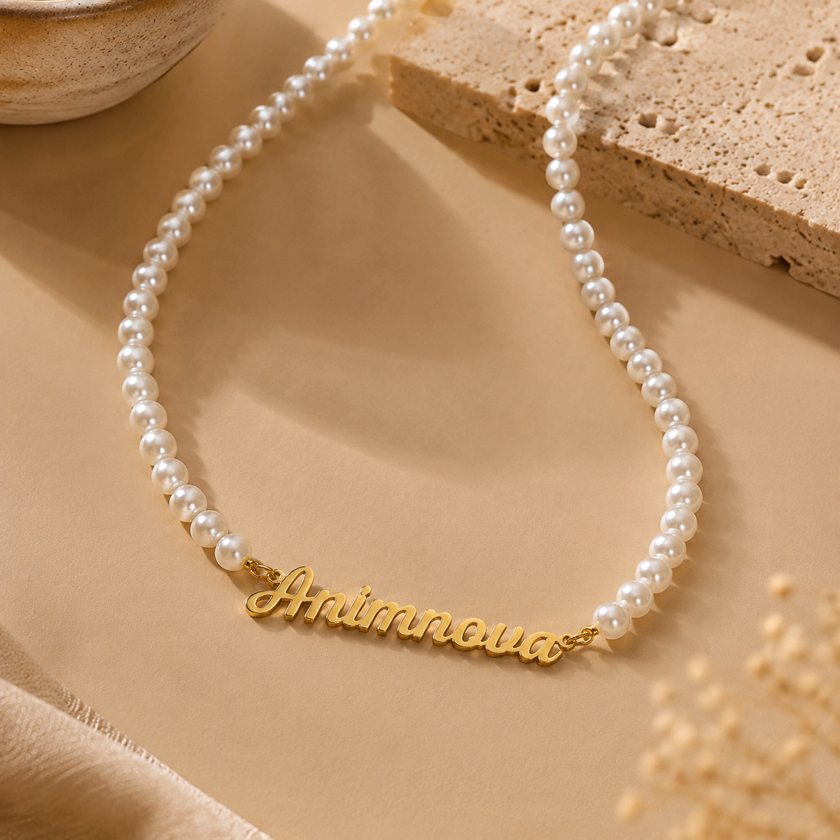 Handwritten Pearl Chain Name Necklace — Stainless Steel