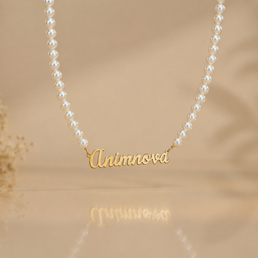 Elegant Script Pearl Chain Name Necklace — Stainless Steel