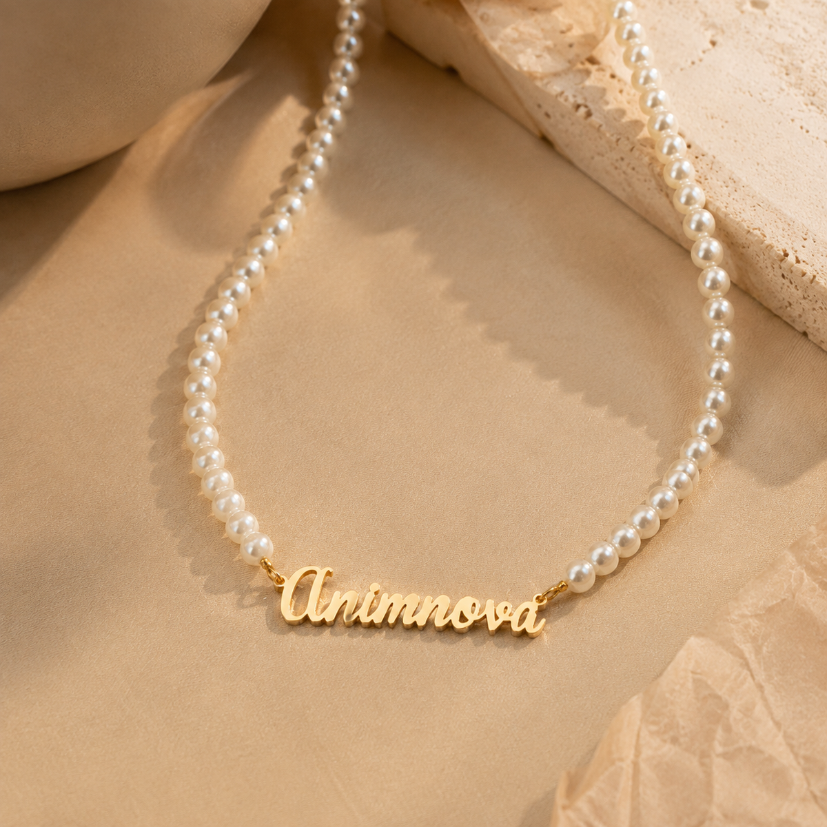 Elegant Script Pearl Chain Name Necklace — Stainless Steel