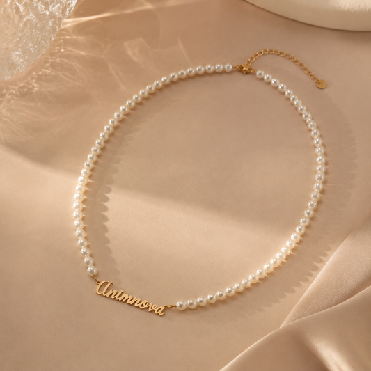 Elegant Script Pearl Chain Name Necklace — Stainless Steel