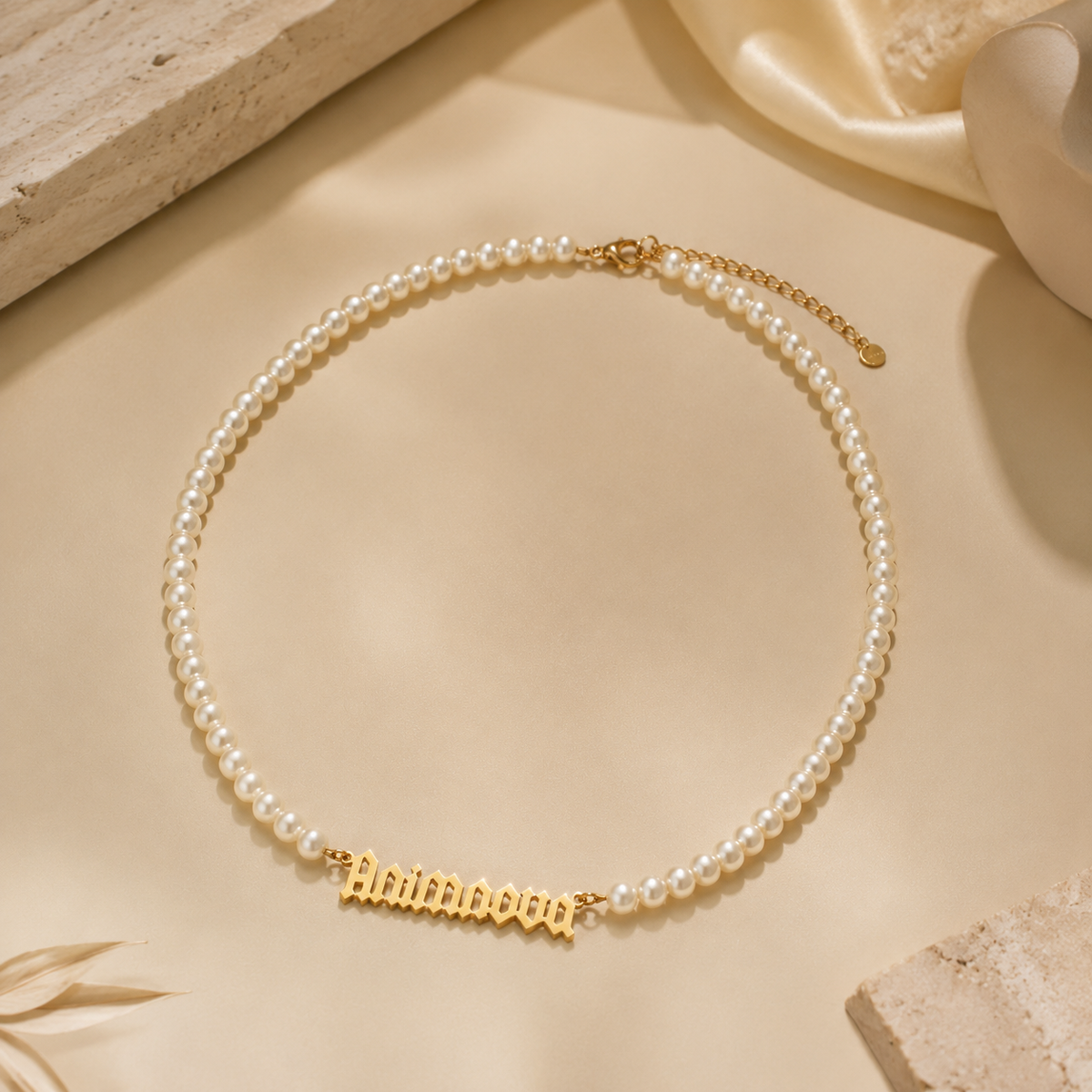 Gothic Pearl Chain Name Necklace — Stainless Steel