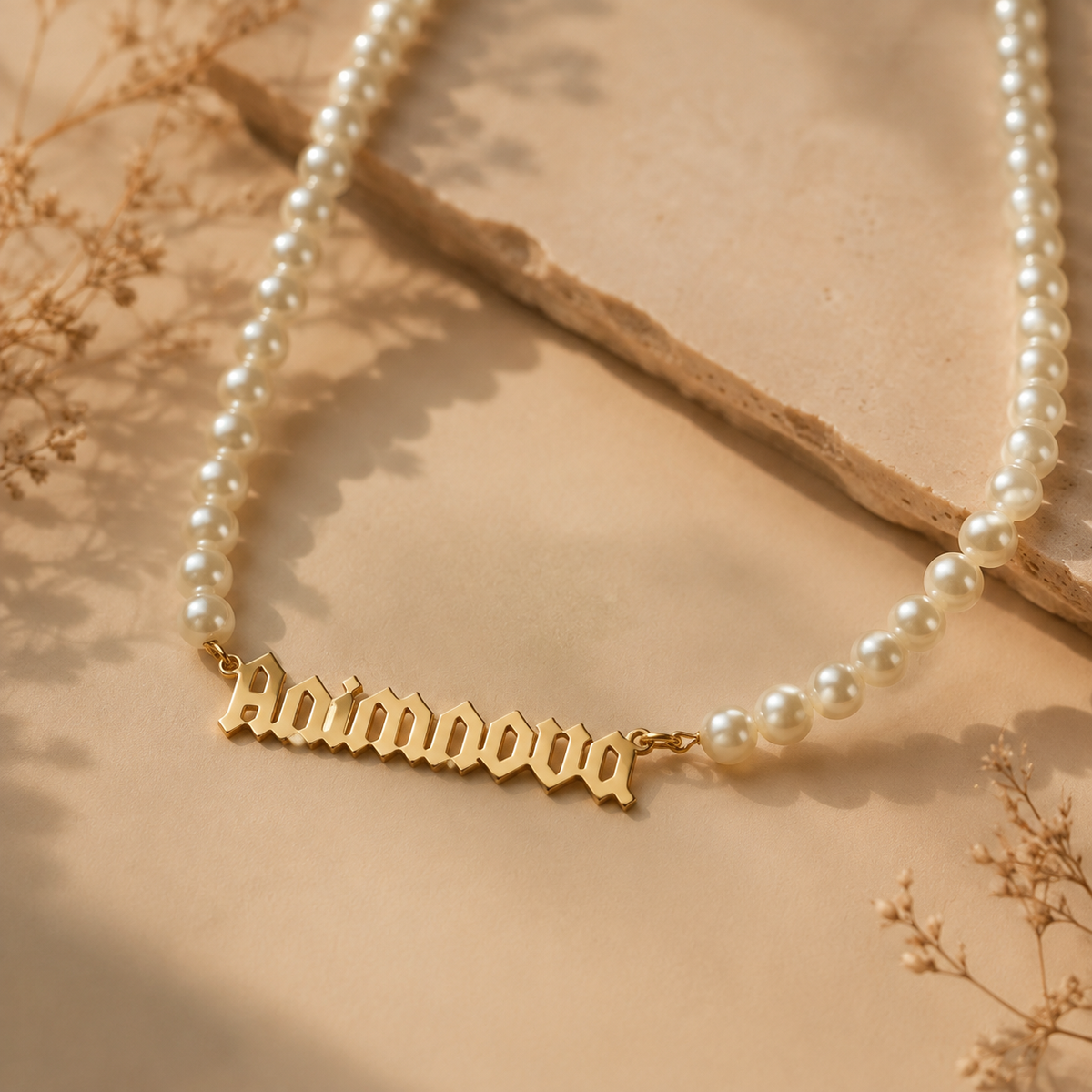 Gothic Pearl Chain Name Necklace — Stainless Steel
