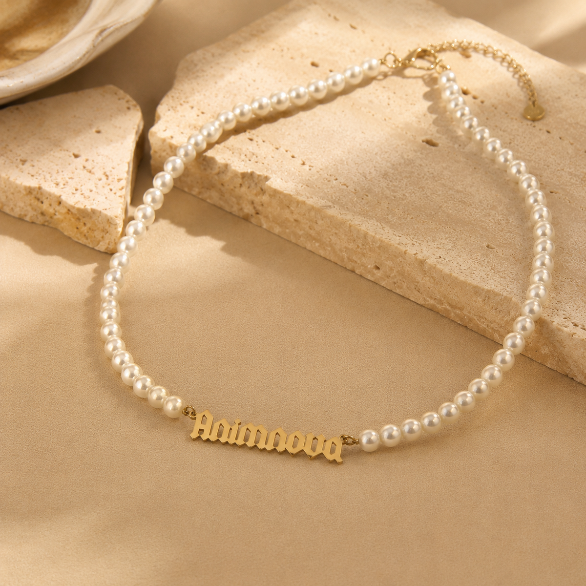 Gothic Pearl Chain Name Necklace — Stainless Steel