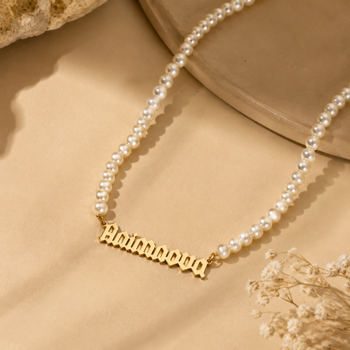 Gothic Pearl Chain Name Necklace — Stainless Steel