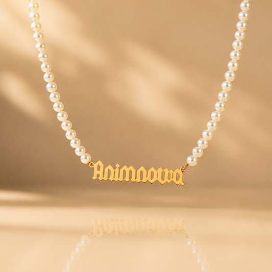 Gothic Pearl Chain Name Necklace — Stainless Steel