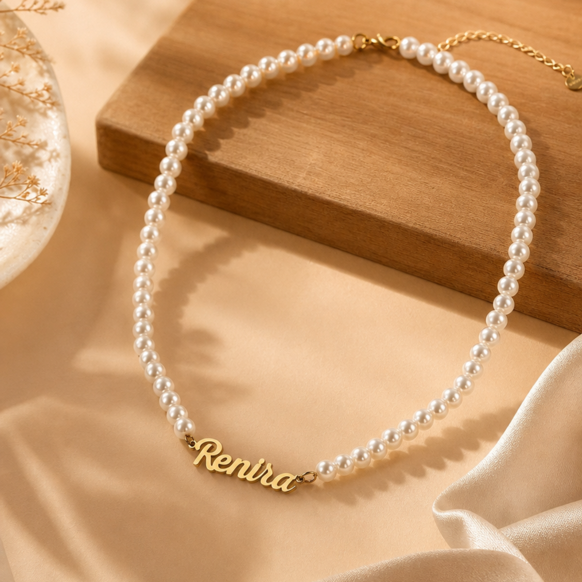 Handwritten Pearl Chain Name Necklace — Stainless Steel